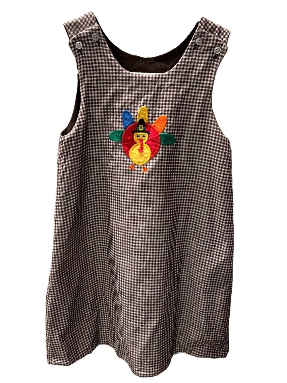 The Bailey Boys Girl Reversible Thanksgiving Turkey Applique Gingham JumperDress